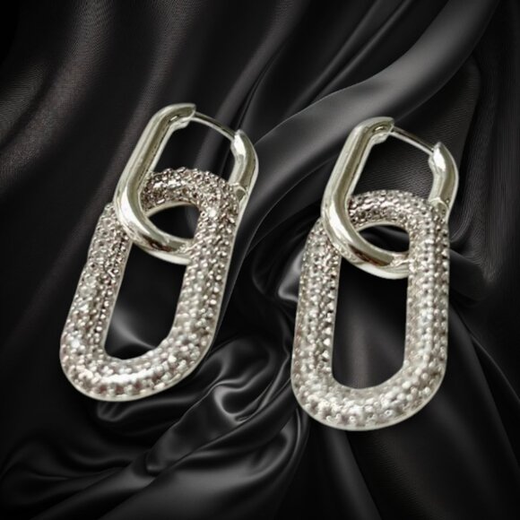Silver Tone Pave Link Drop Earrings Geometric Chain Style - Picture 1 of 3